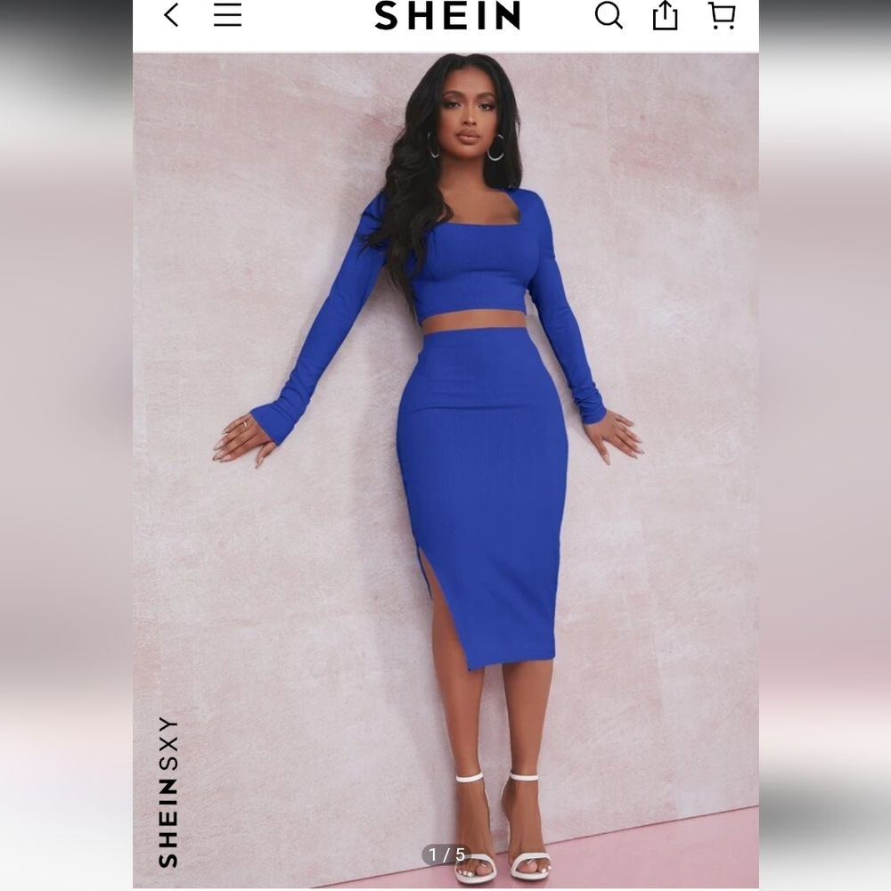 SHEIN Blue Midi Pencil Skirt Set with Slit for Night Out
